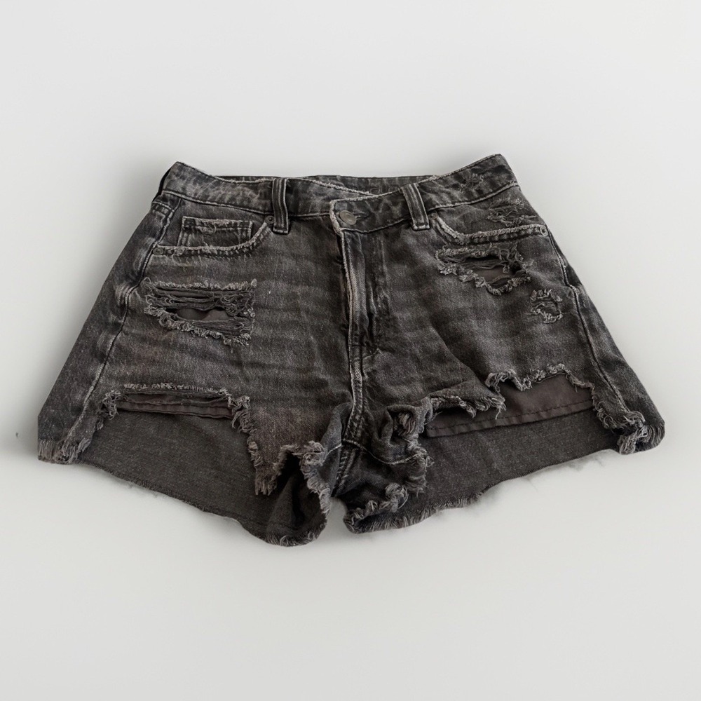 American Eagle Mom Shorts Women 0 Denim‎ Distressed Black Jean High Rise Stretch